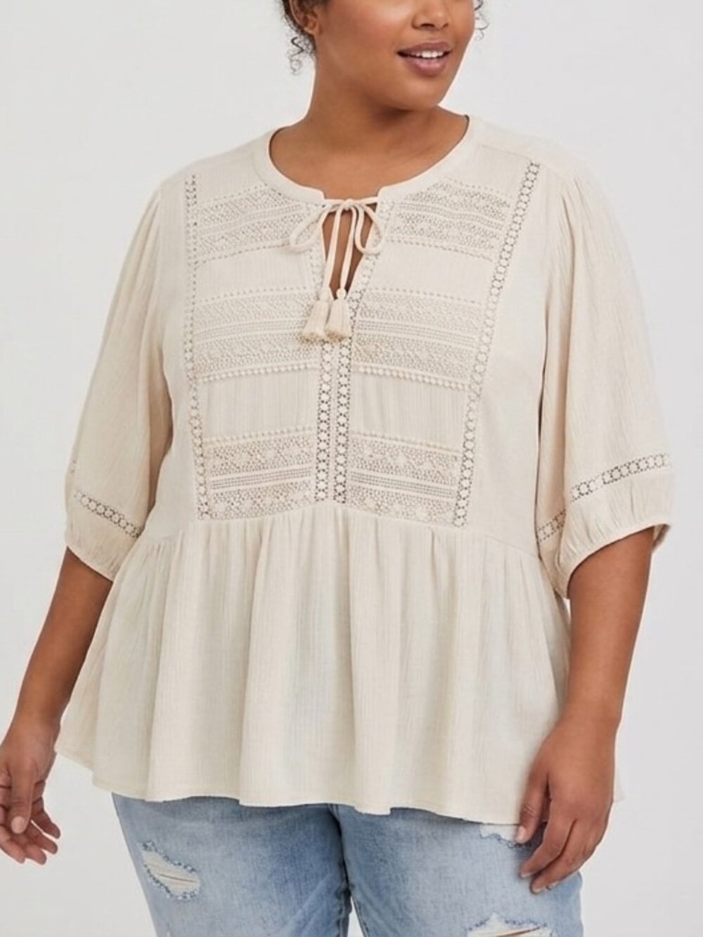 Torrid Cream Crochet Lace Gauze Babydoll Peplum Top Plus 4/4X Boho Cottagecore